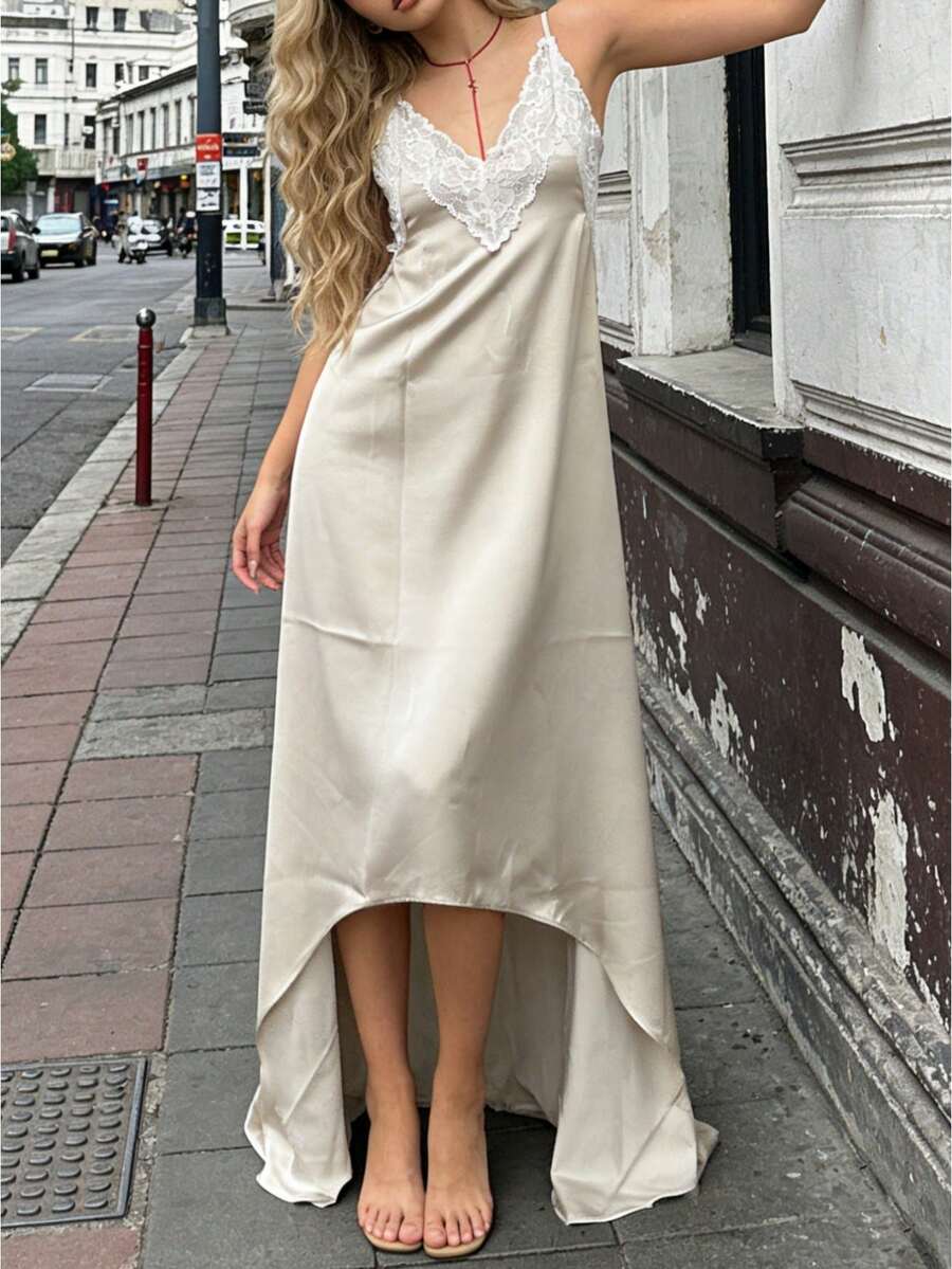 Women Summer Deep V-Neck Lace  - Slip Dress Satin のレビューと価格
