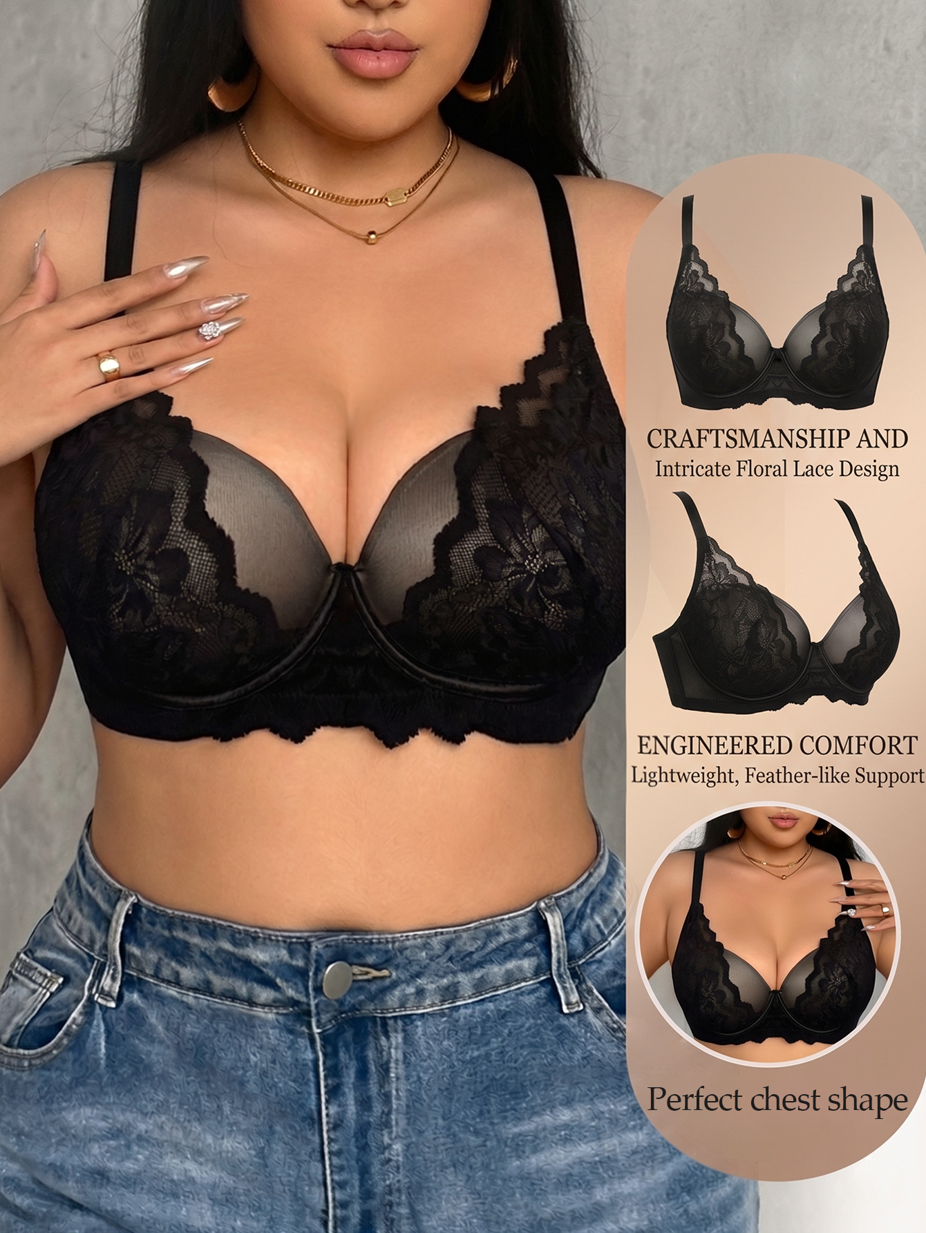 Wide Strap Plus Size Women Bra - Push Up Bra Padded のレビューと価格