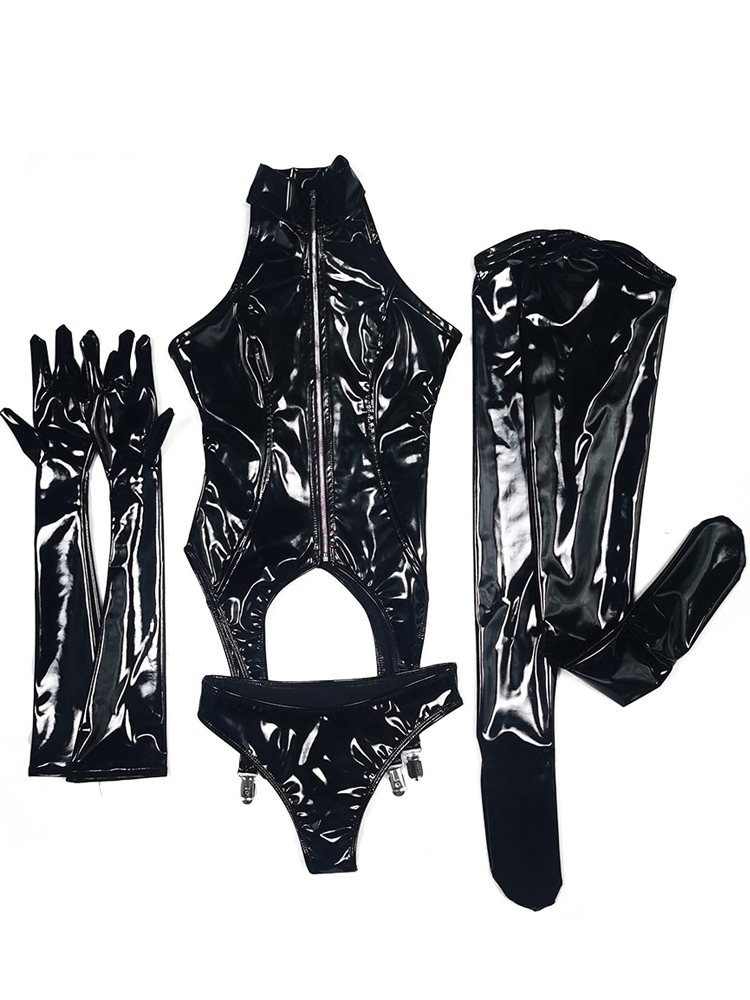 4PCS/SET Wet Look PVC Catsuit  - Garter Belt Set のレビューと価格