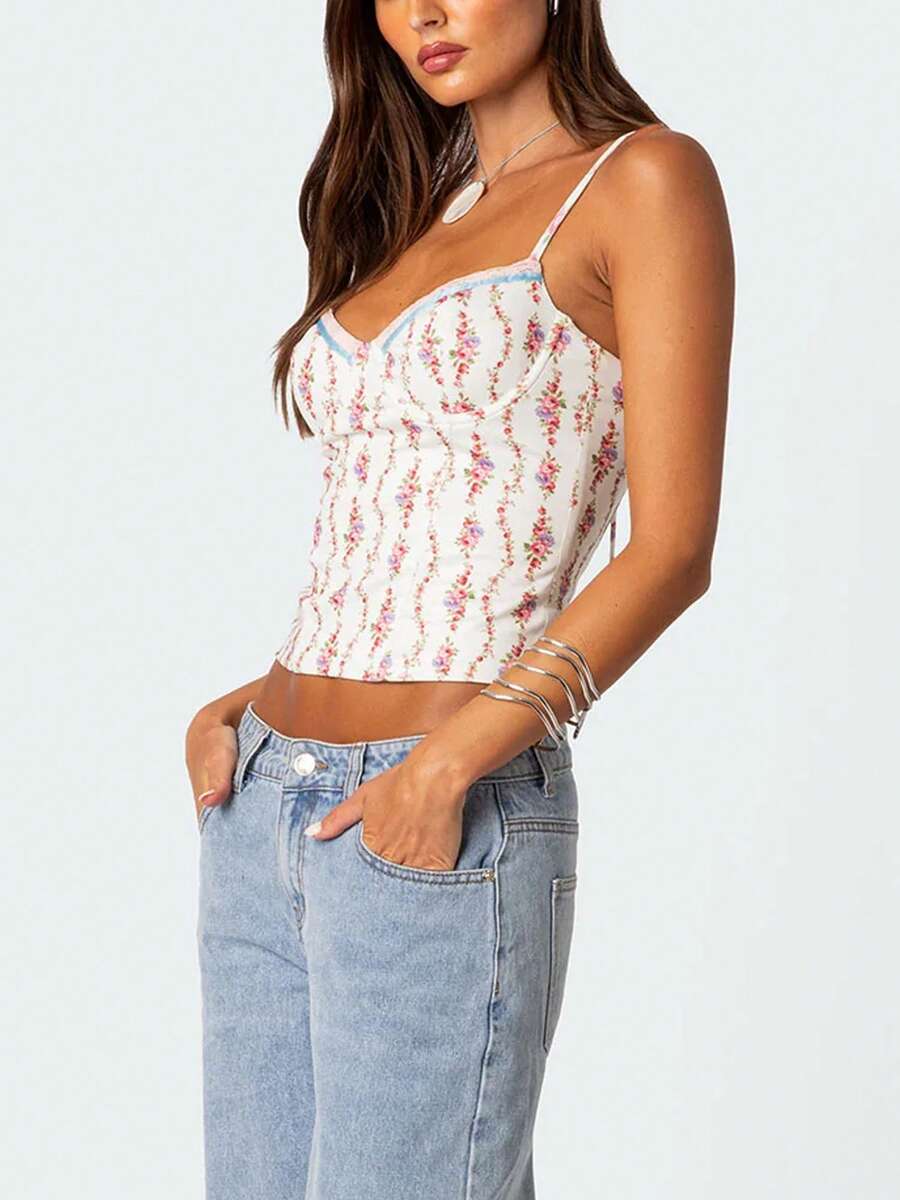 Women Floral Print Tie Strap V - Cami Top Lace のレビューと価格