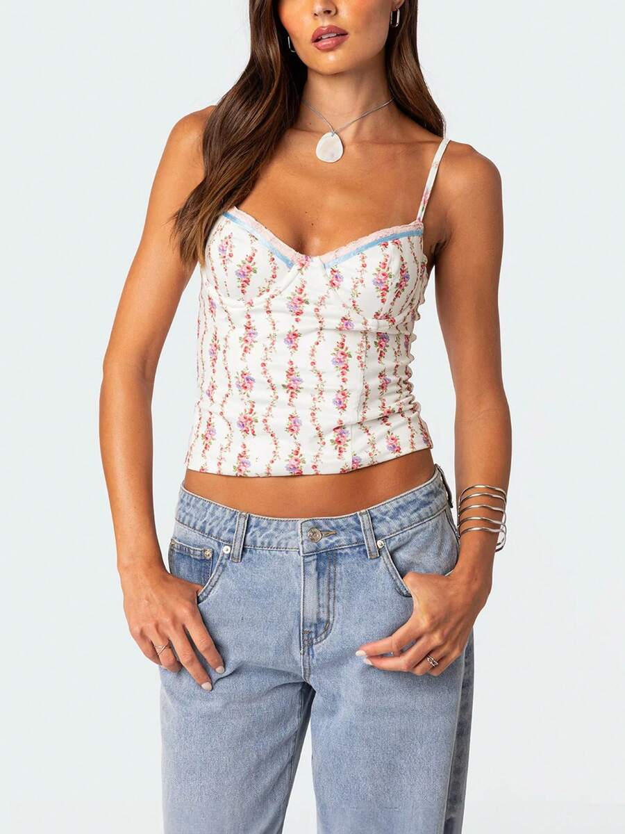 Women Floral Print Tie Strap V - Cami Top Lace のレビューと価格
