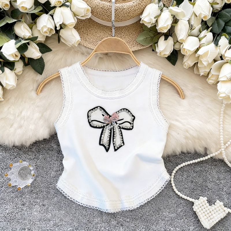 White Lace Trim Rhinestone Bow - Cami Top Lace のレビューと価格